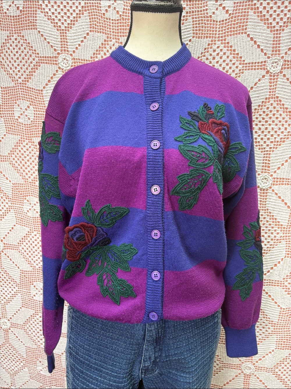 Vintage Joseph Ho Wool Floral Appliqué Cardigan